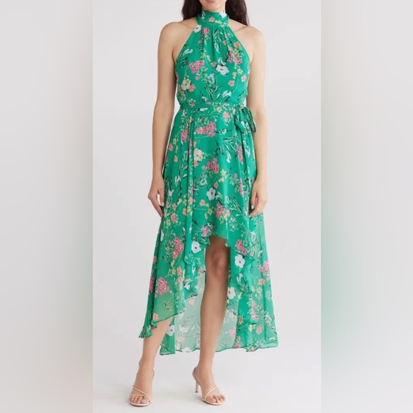 NWT Eliza J Size 10 Floral Sleeveless High-Low Maxi Dress Green Multi - Picture 1 of 12
